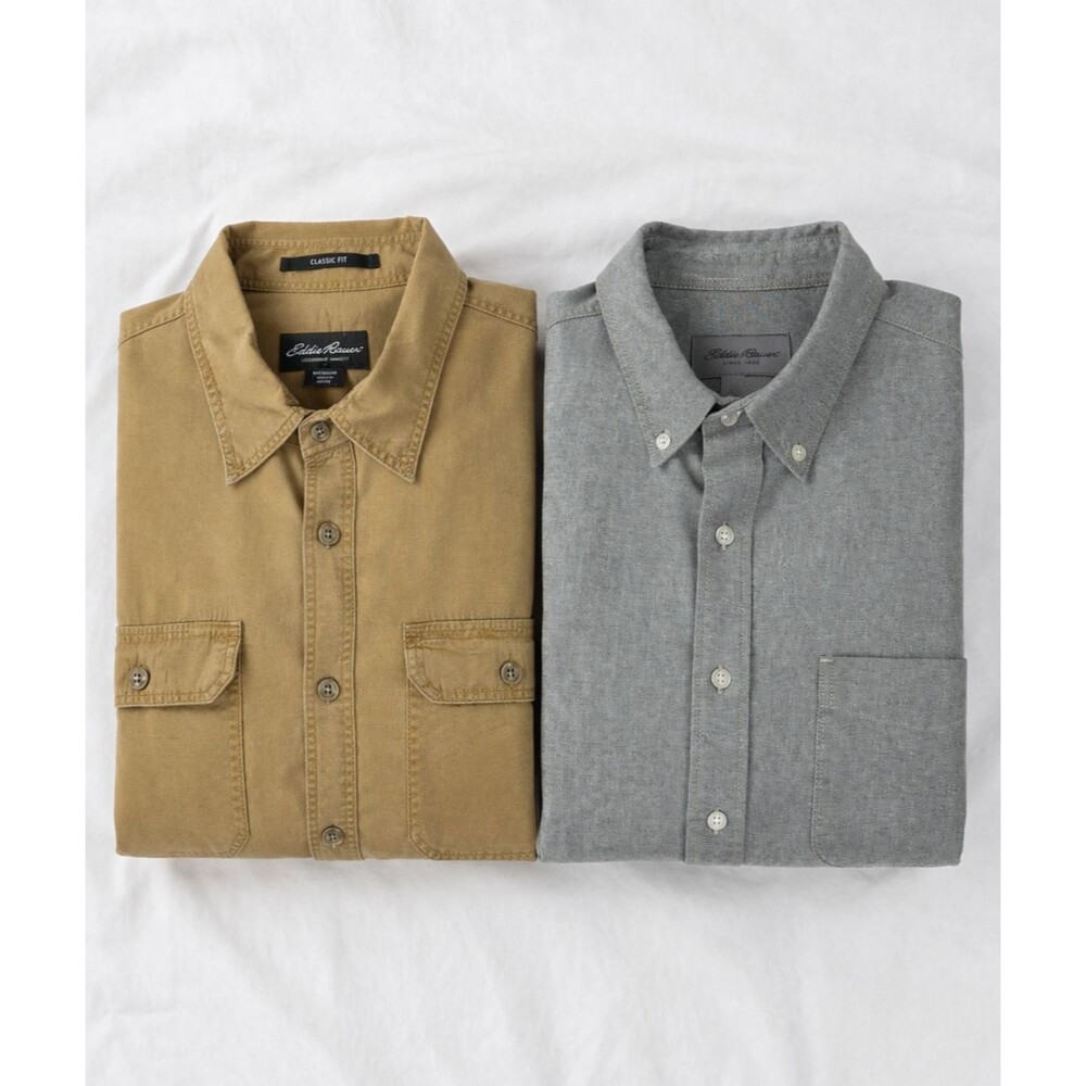 Eddie Bauer Mens Button Down Shirt Lot 2 Size L Tan Gray Heavyweight Chambray